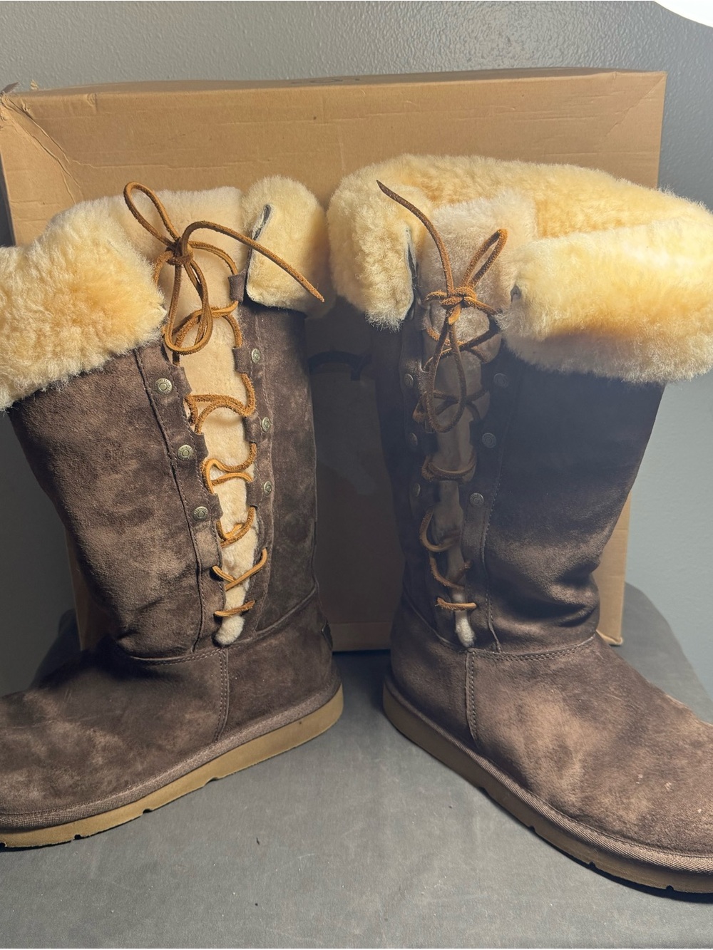 UGG Brown Suede Lace-Up Shearling Tall Boots